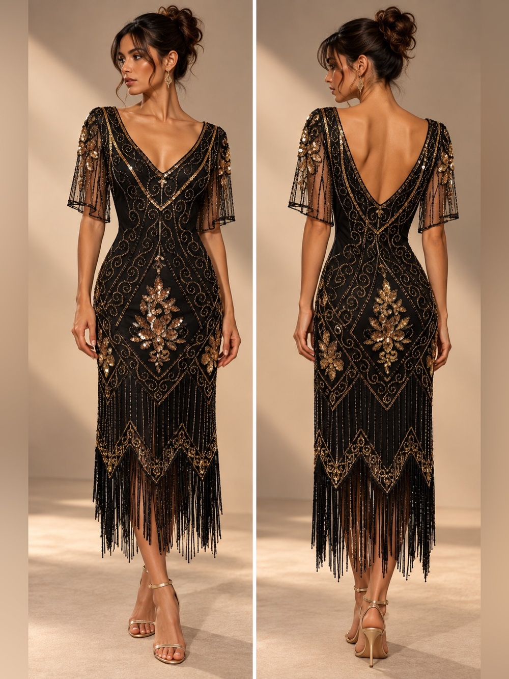 Babeyond Black Gold Sequin Beaded 1920s Gatsby Flapper Fringe Dress XL 14